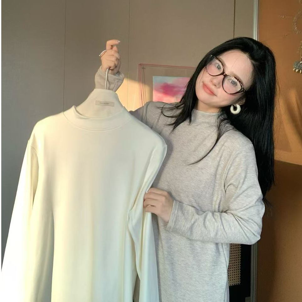 Ora design【暖冬】秋冬长袖双色厚绒半高领T恤打底衫套头2514