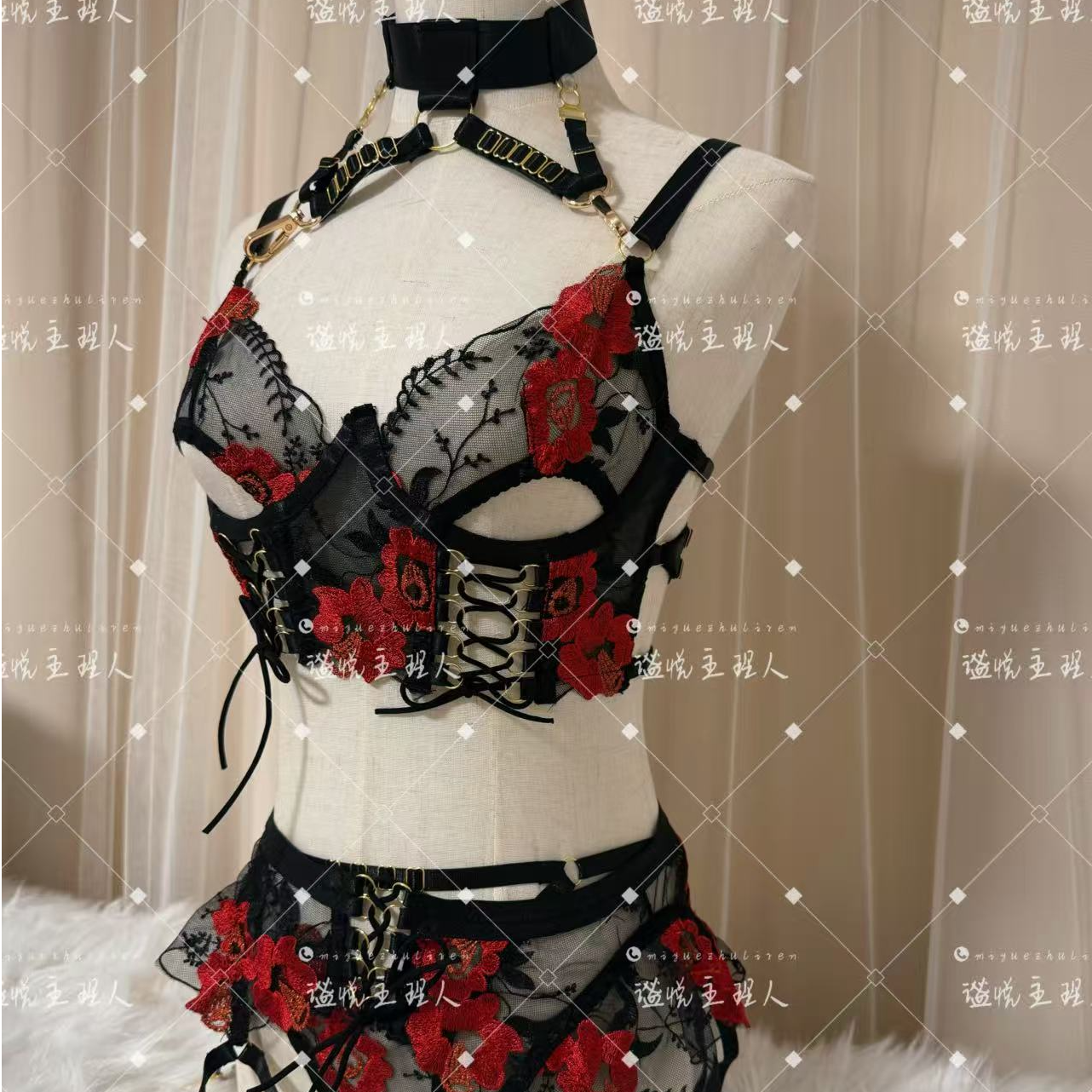 暗夜玫瑰情魅胸衣套装新年性感内衣本命年必备战袍聚拢显大蕾丝款