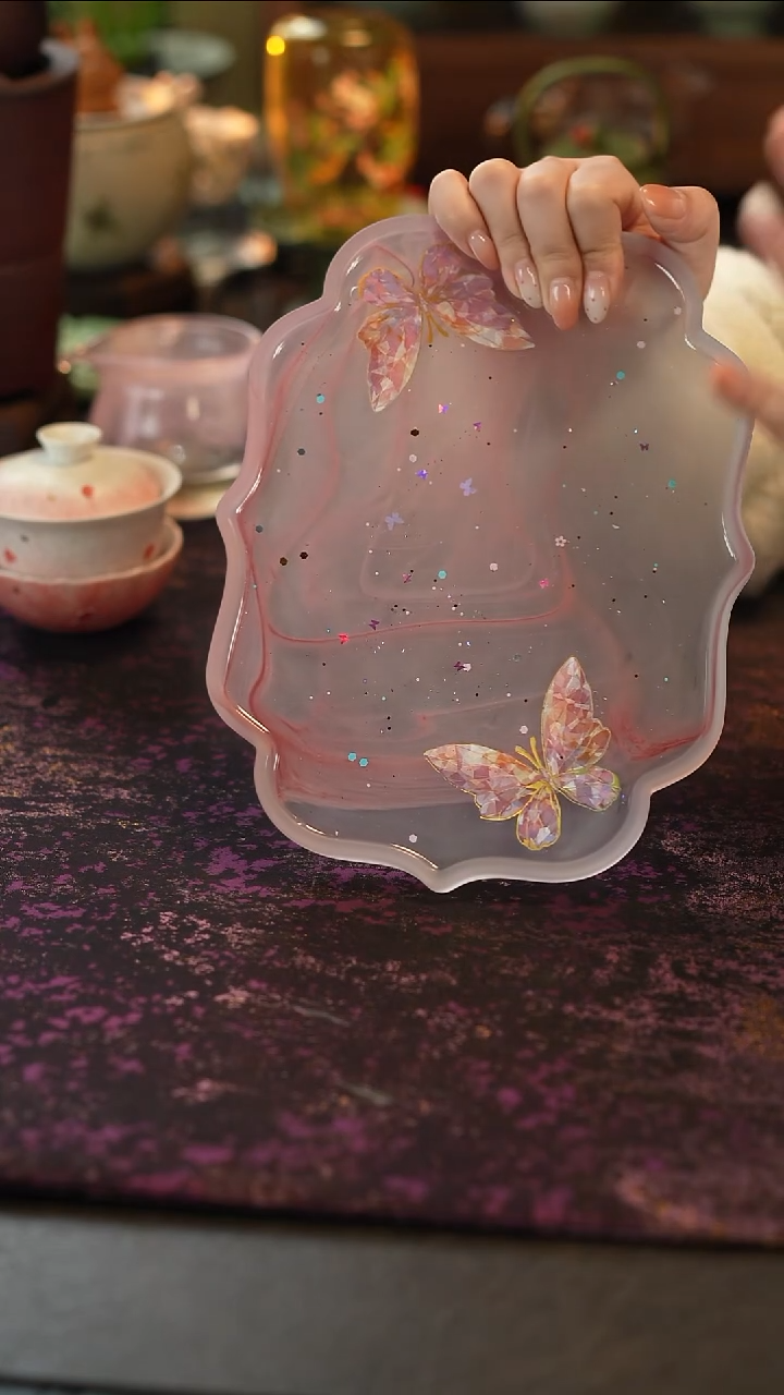 摆件陶粉色琉璃托盘-蝴蝶