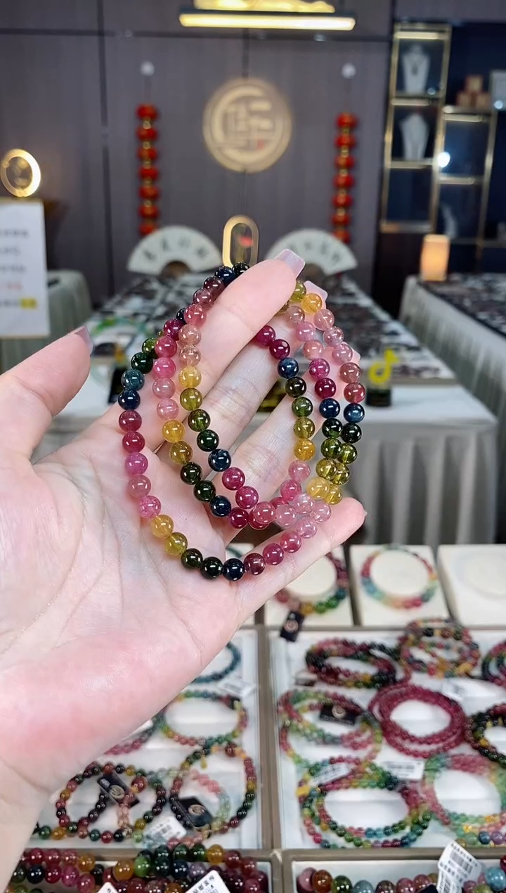 未镶嵌冰透体老矿碧玺彩虹三圈手串6mm+碧玺hon多样性发一条