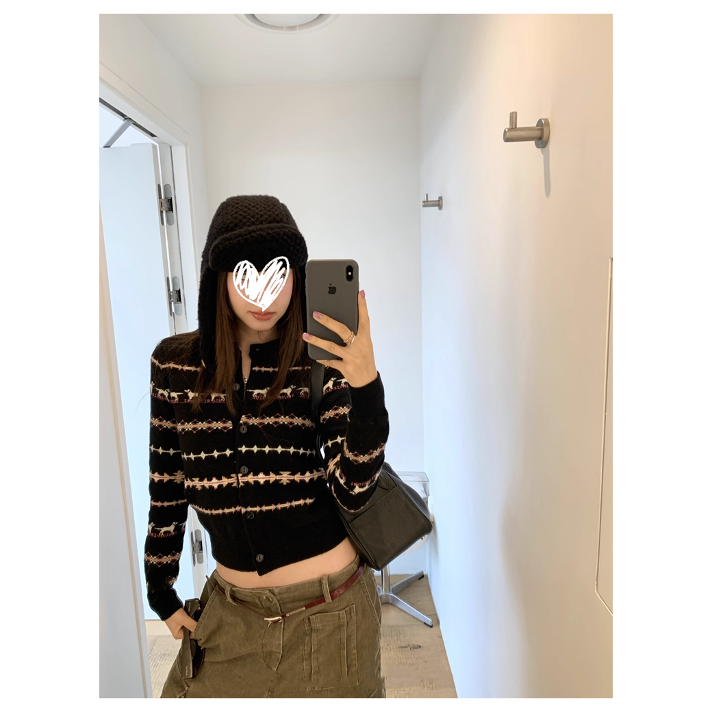 高级感费尔岛小狗提花针织衫毛衣外套短款修身长袖上衣女秋01596