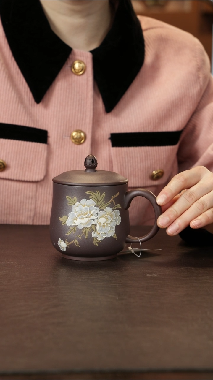 茶杯紫砂天清紫泥 堆绘牡丹盖杯 350cc