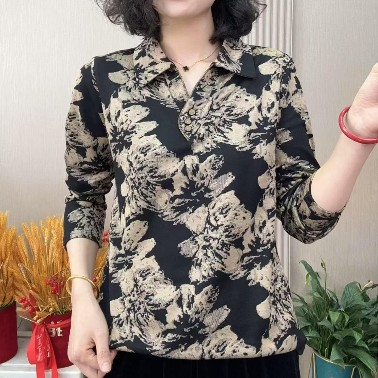 气质衬衫打底衫长袖时尚百搭小衫印花大码妈妈装显瘦衬衣网红洋气