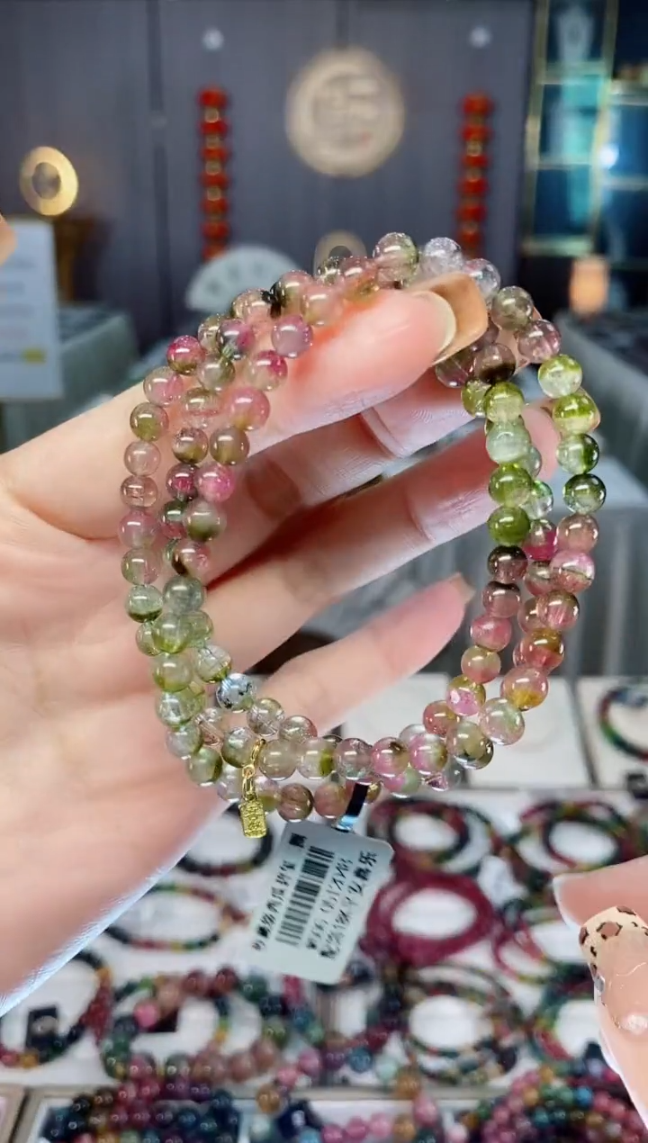 未镶嵌老矿碧玺西瓜净体三圈手串5mm+碧玺dan多样性发货一条