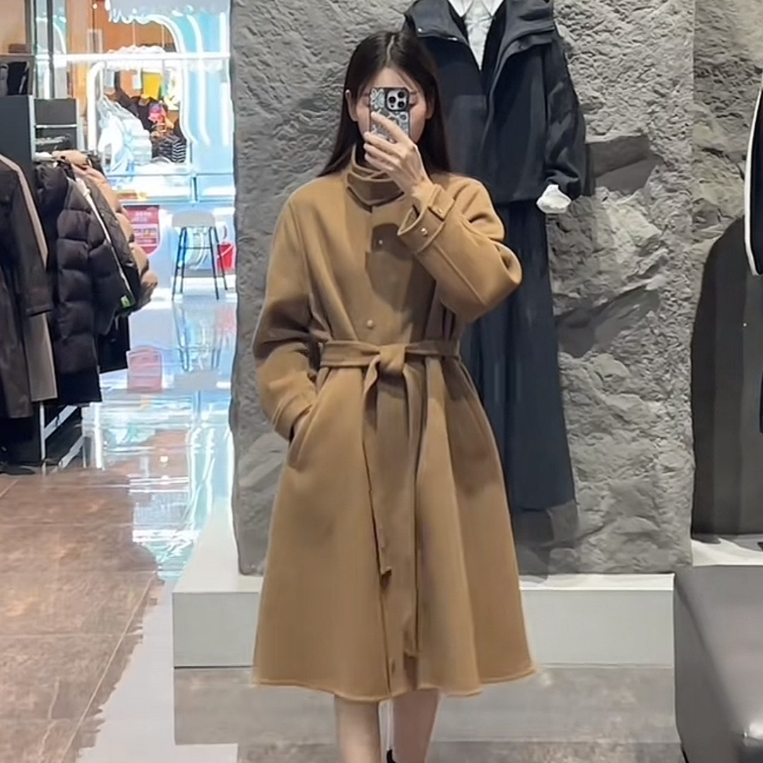 sdeer圣迪奥女装时尚气质美拉德风立领收腰双面呢大衣S23482515