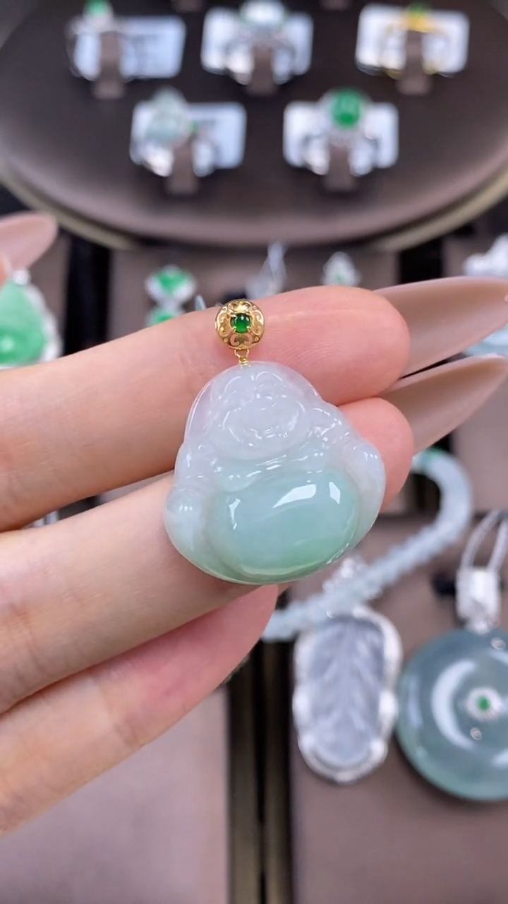 翡翠18K金镶嵌吊坠(不含链)翡翠佛公