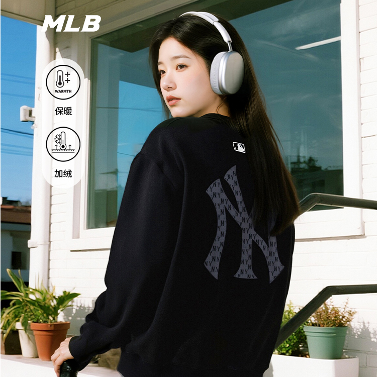 MLB官方男女情侣复古背标老花保暖加绒卫衣25秋冬新款3AMTM1056
