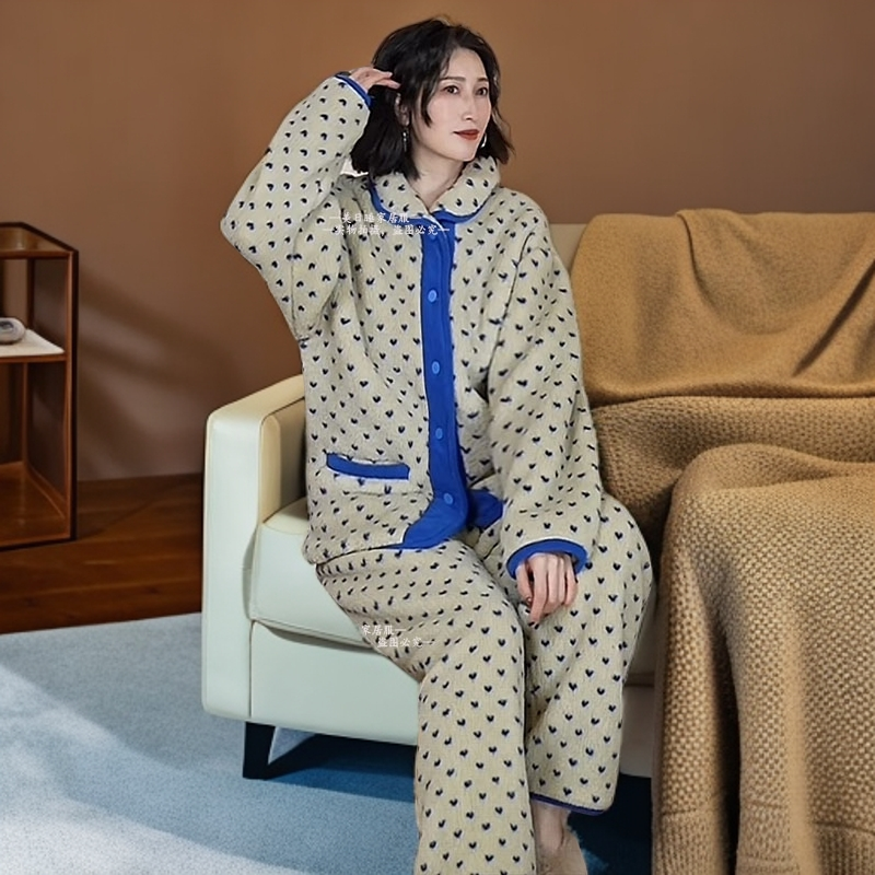 超厚自留推荐 冬季心形系扣睡衣家居服套装时尚套装长袖宽松睡衣