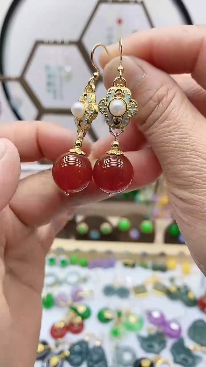 银S925镶嵌南红玛瑙耳饰8552