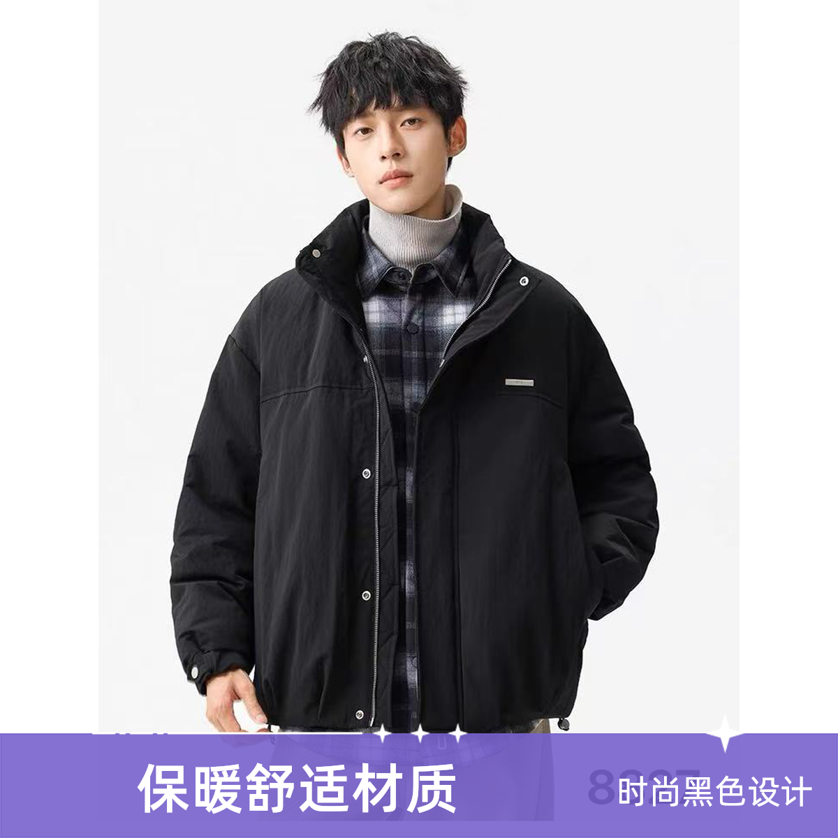8827男款冬季羽绒服保暖日系免烫翻领外套复古刺绣男士户外外套