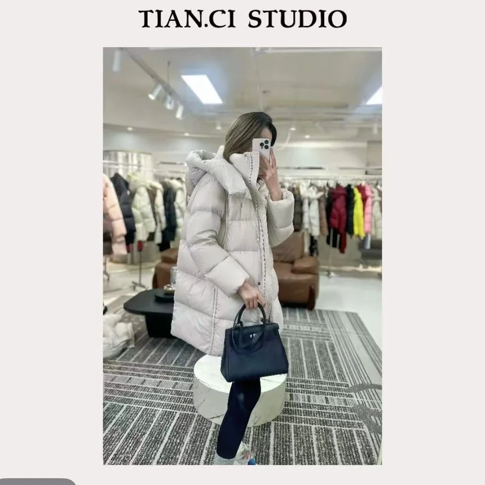 90泡芙连帽300g(含)厚款中长款羽绒服