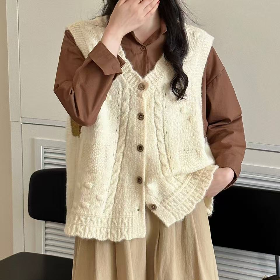 洋气叠穿麻花V领针织马甲女韩系秋冬新款百搭显瘦无袖毛衣背心潮