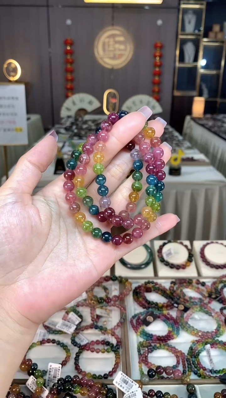 未镶嵌冰透体老矿碧玺色标彩虹三圈手串7mm+碧玺hon多样性发一条