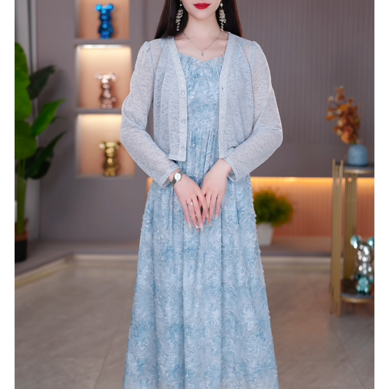 【定制套装】B373蓝色连衣裙优雅气质时尚减龄休闲显瘦春季两件套