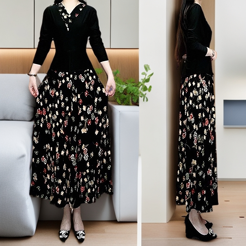 11新款碎花长袖假两件丝光弹力缎面显高款连衣裙春秋显瘦气质洋气