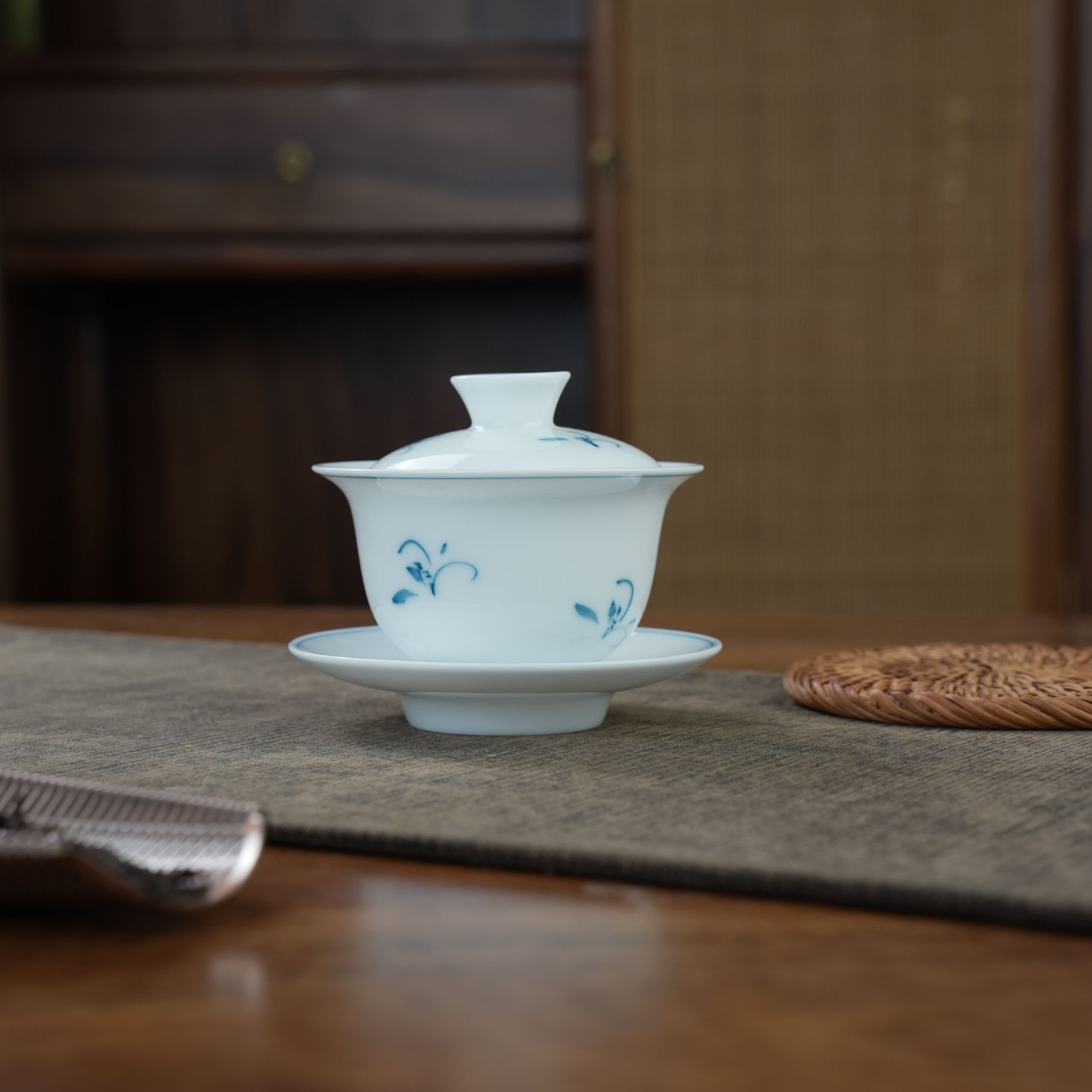 纯手工手绘三才盖碗130ml玉兰陶瓷釉下彩绘茶具茶杯盖碗