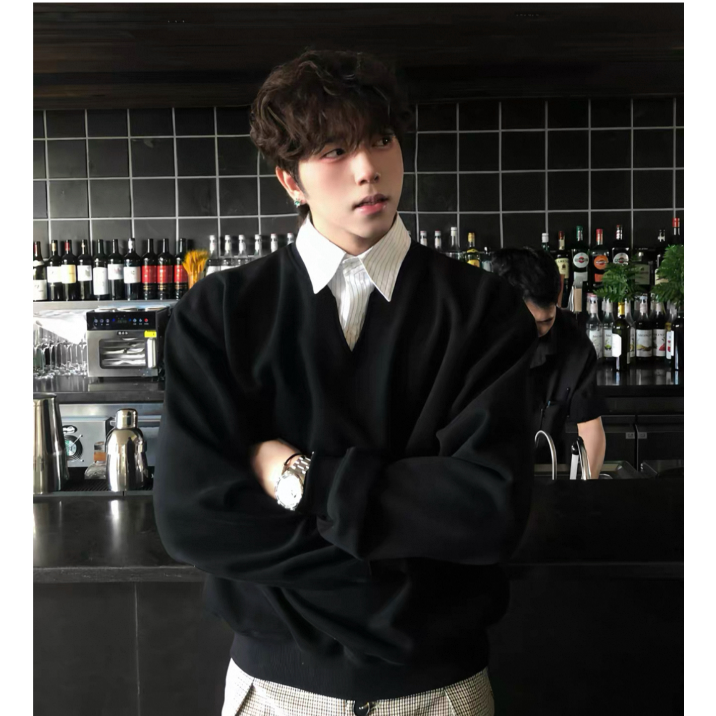 【知识分子】条纹拼接polo领洛卡抗皱空气层长袖t恤老钱风cleanfit