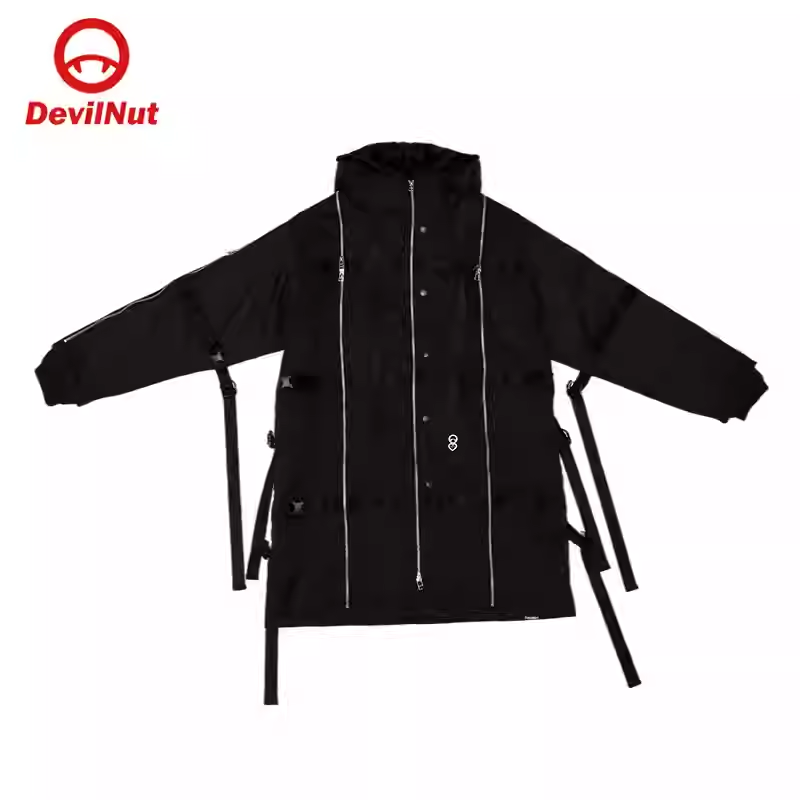 DEVILNUT潮牌恶魔秋冬男女情侣多拉链装饰棉服工装休闲长款连帽