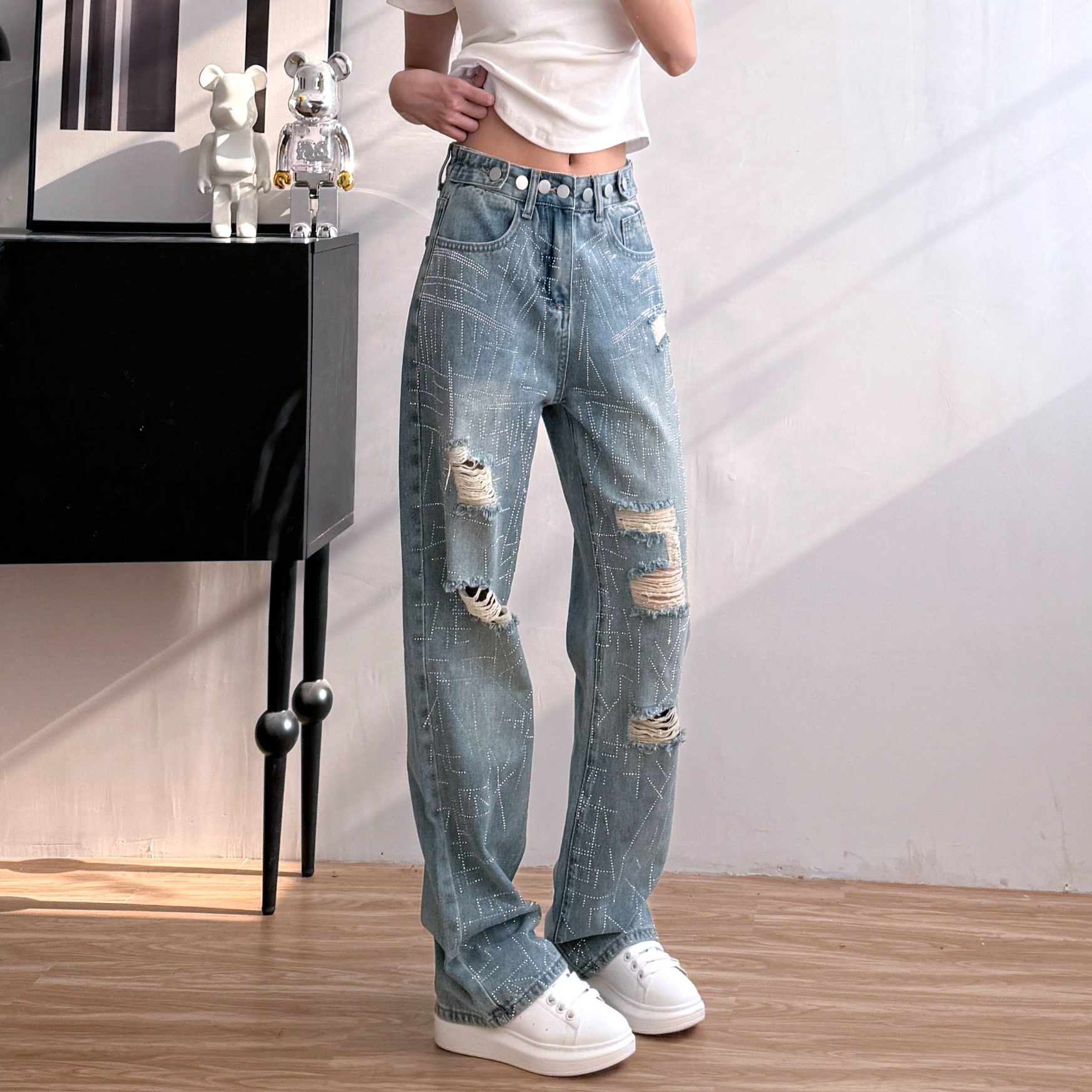 2025新款小个子设计感烫钻破洞阔腿百搭高腰复古拖地牛仔裤5030