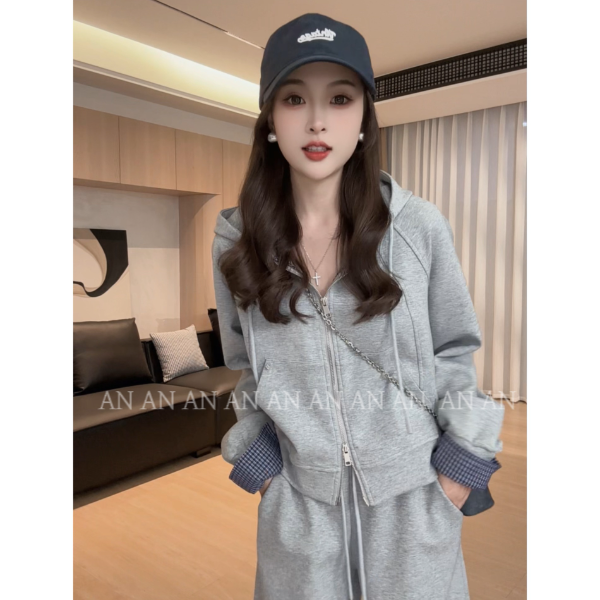 C02019时尚休闲连帽卫衣外套+高腰直筒休闲裤两件套套装