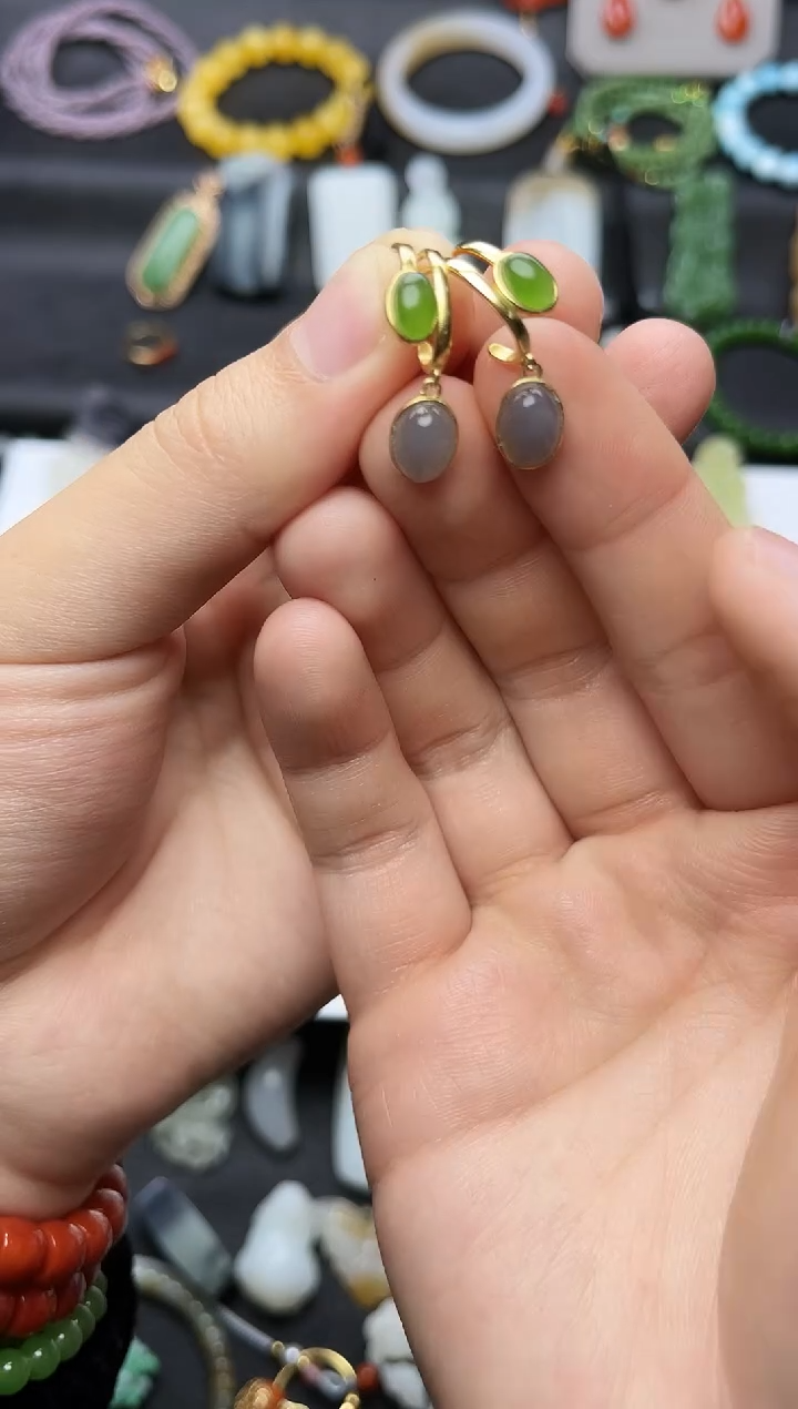 银S925镶嵌和田玉耳饰蛋面耳扣06