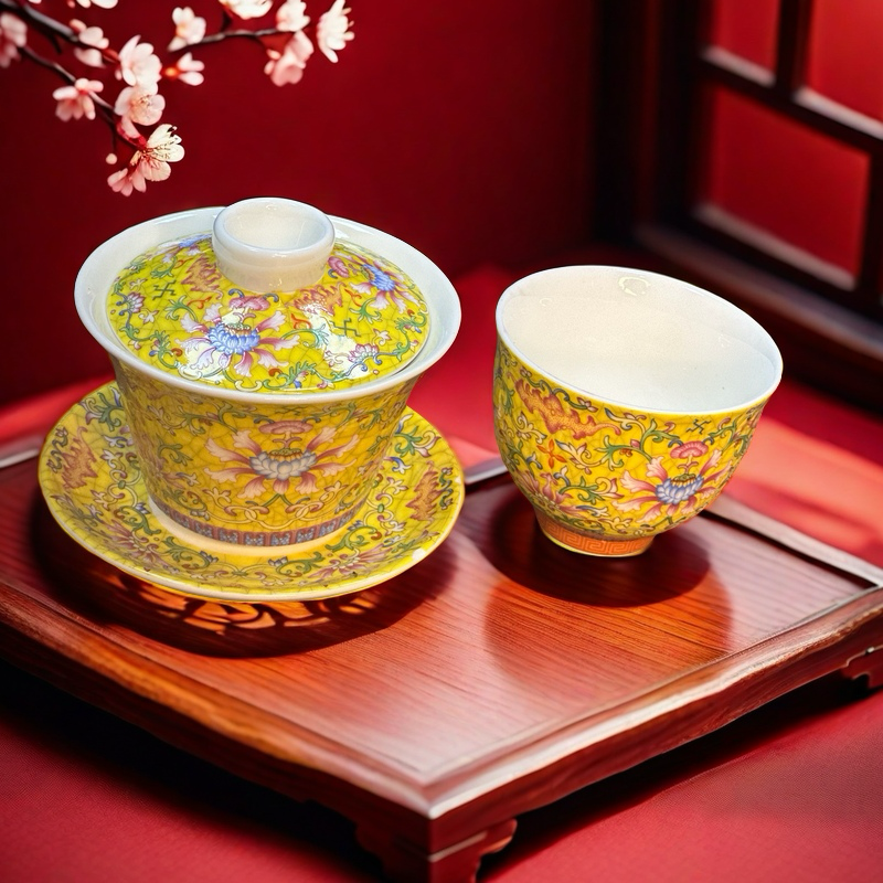中式珐琅可悬停旋转三才盖碗手工陶瓷茶具家用泡茶碗
