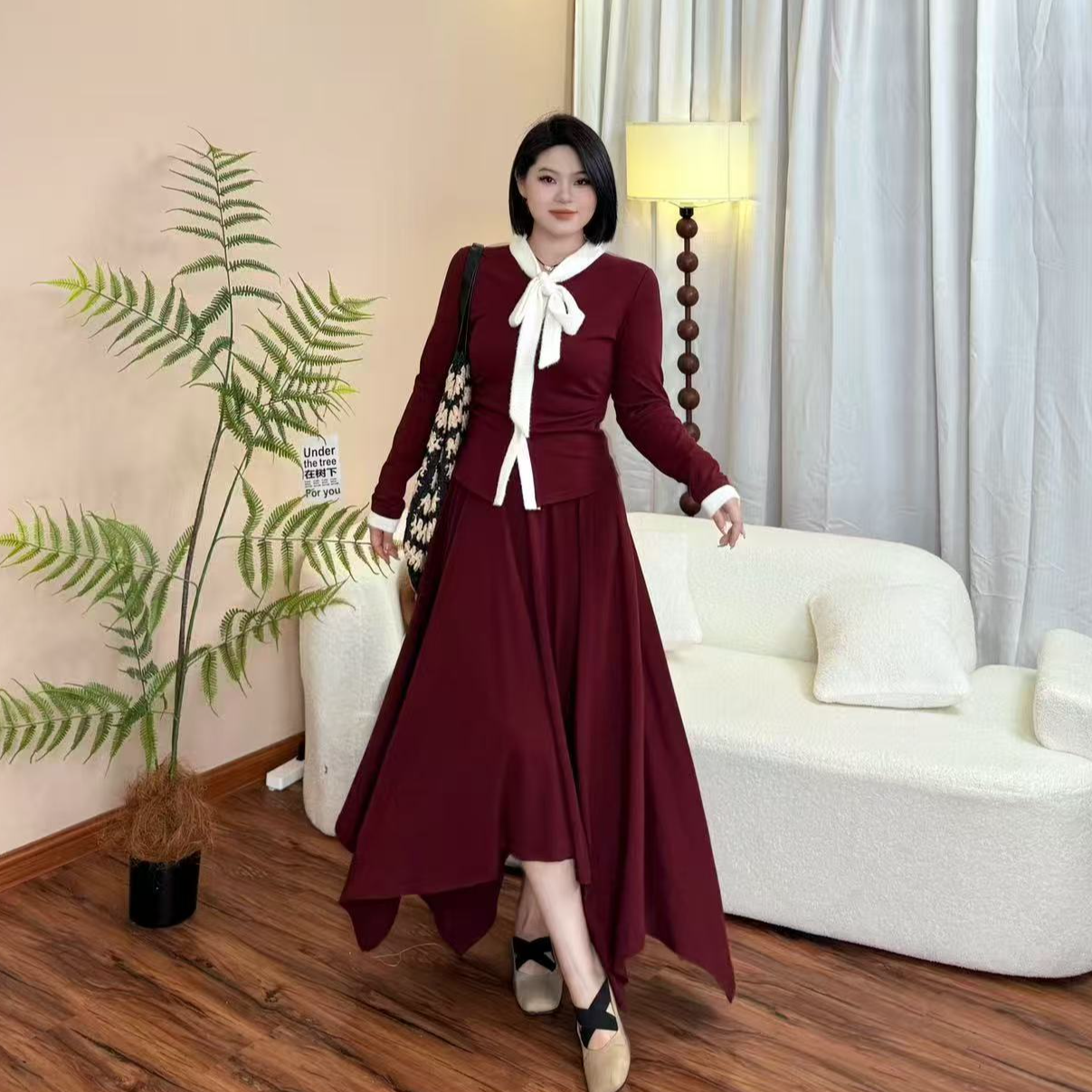 ARSENE【玫瑰女人】春季撞色拼接蝴蝶结不规则大码套装-F0044