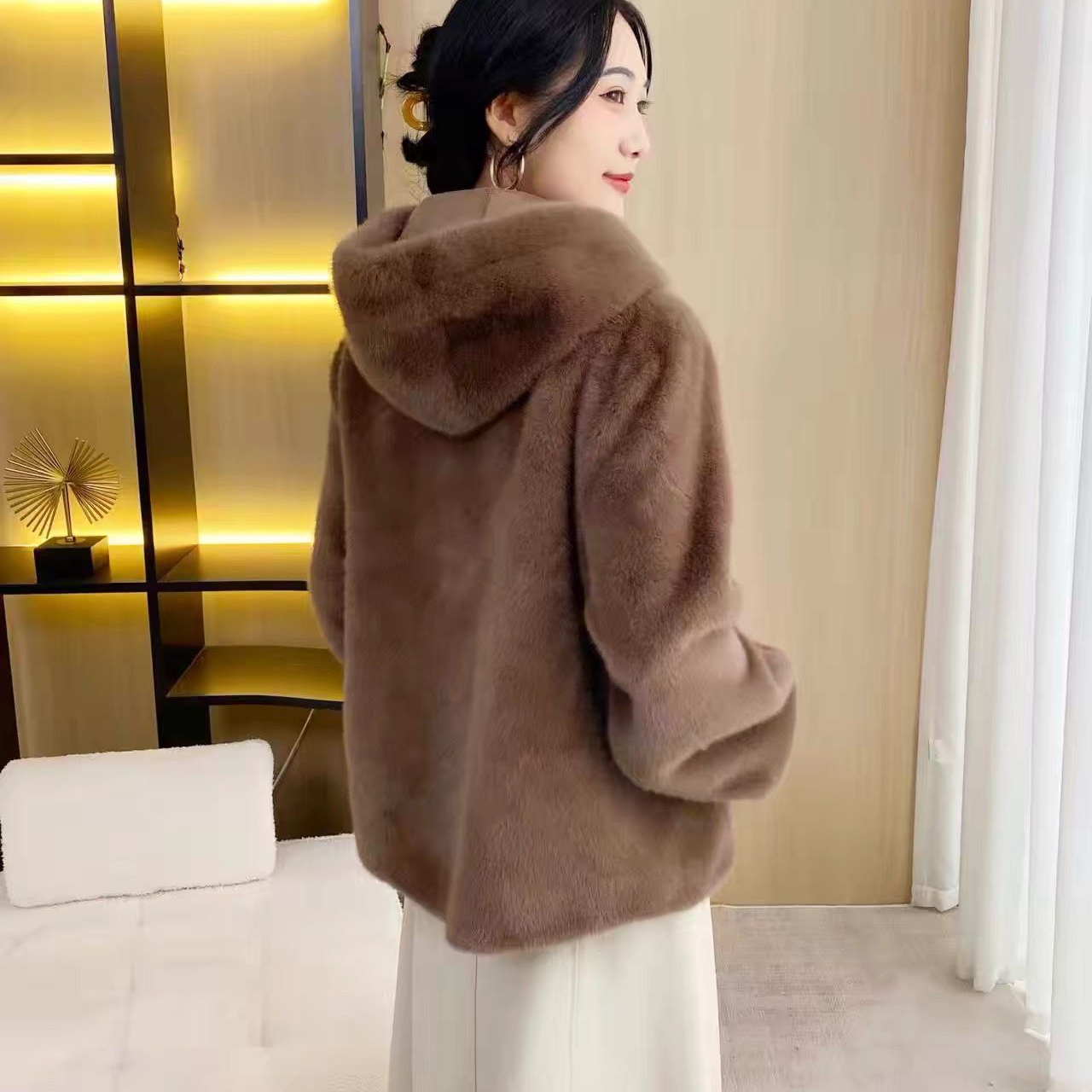 2025新款欧貂绒皮毛一体环保皮草外套女宽松休闲带帽保暖毛毛大衣