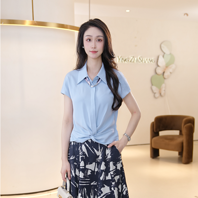 赢智尚雾蓝色时尚气质通勤夏季短袖女职场装气质2025新款ZE01113