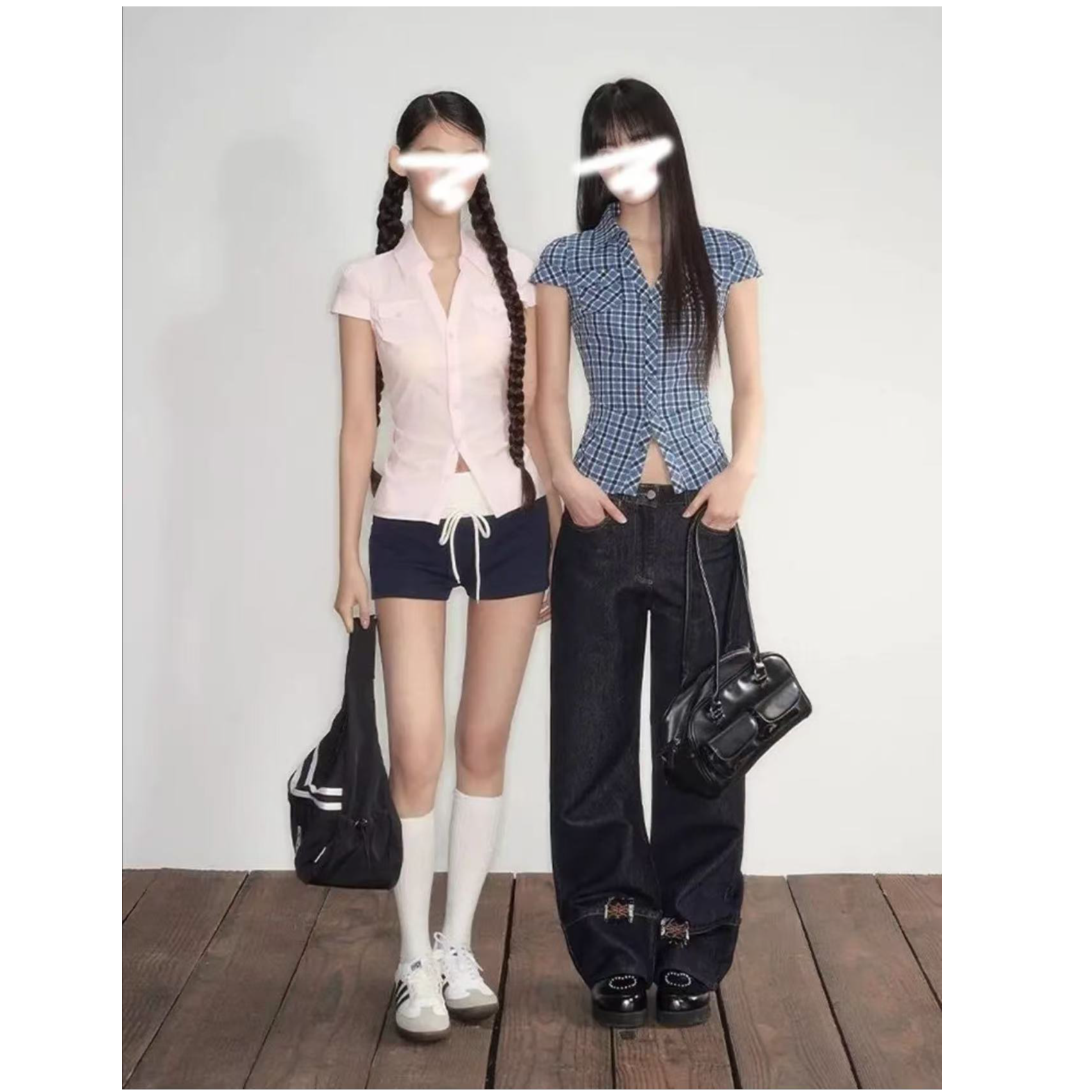 ins风韩系掐腰修身显瘦短袖口袋收腰气质衬衫上衣女格子格纹嘟嘟