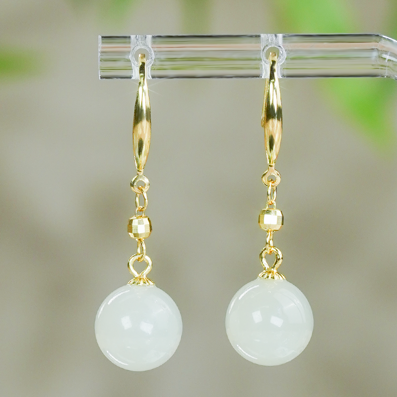 天然和田玉耳环银镶嵌时尚简约长款设计白玉圆珠耳钩耳坠