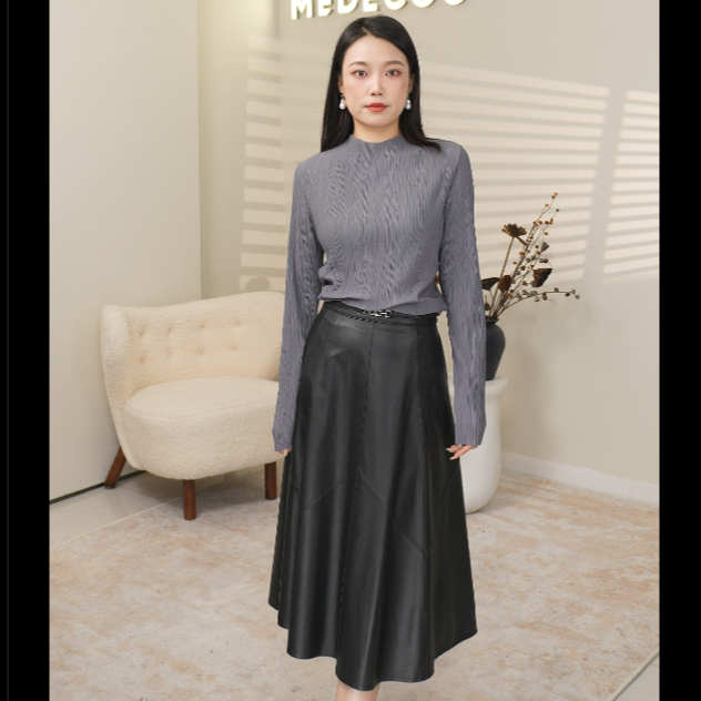 MEDECOO/墨蒂珂冬新款A字伞裙黑色绵羊皮裙半身裙女MID01201