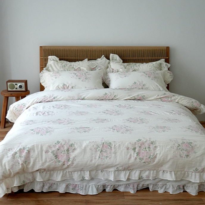 【淡抹】法式荷叶边亚麻棉四件套浪漫数码印花床品被套欧式干爽透气