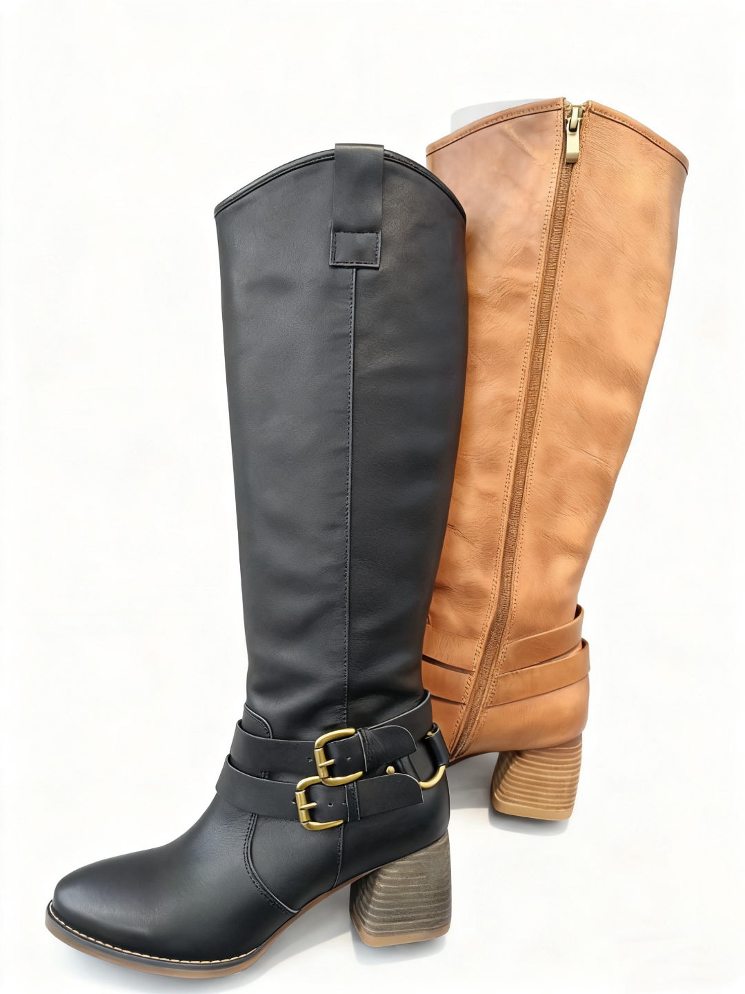 170-3A长靴时尚百搭女士棕色粗跟高跟尖头长筒真皮骑士秋冬高筒