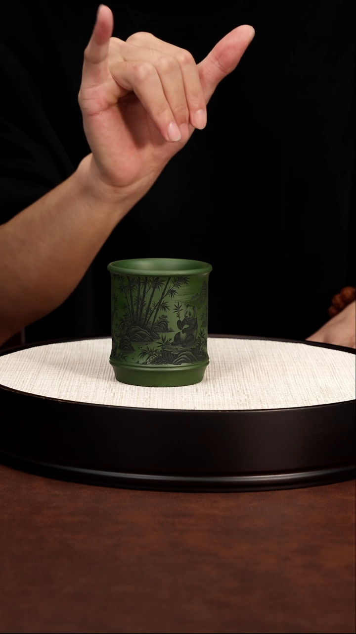 茶壶紫砂竹节杯  民国绿