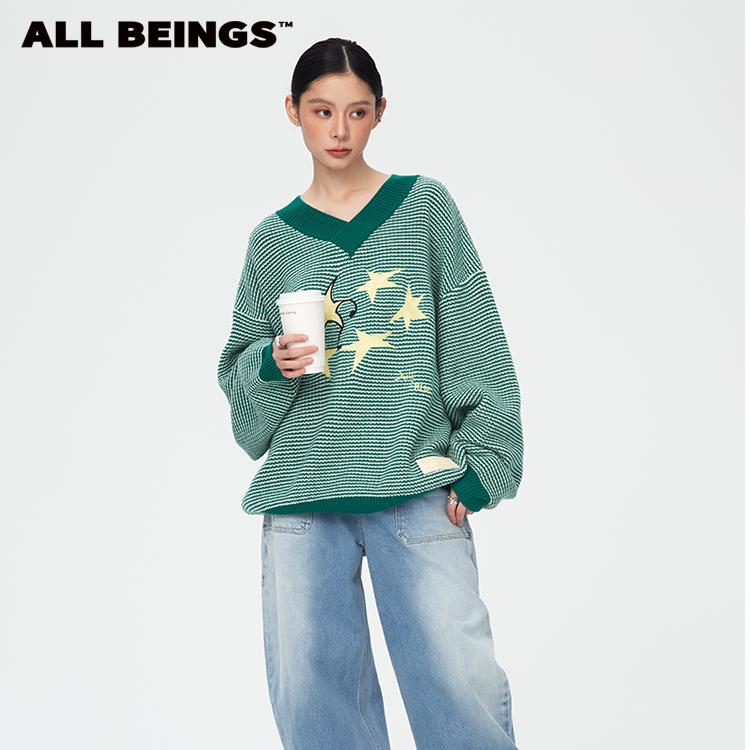 ALL BEINGS设计师春季休闲时尚绿白混色刺绣羊毛V领针织衫