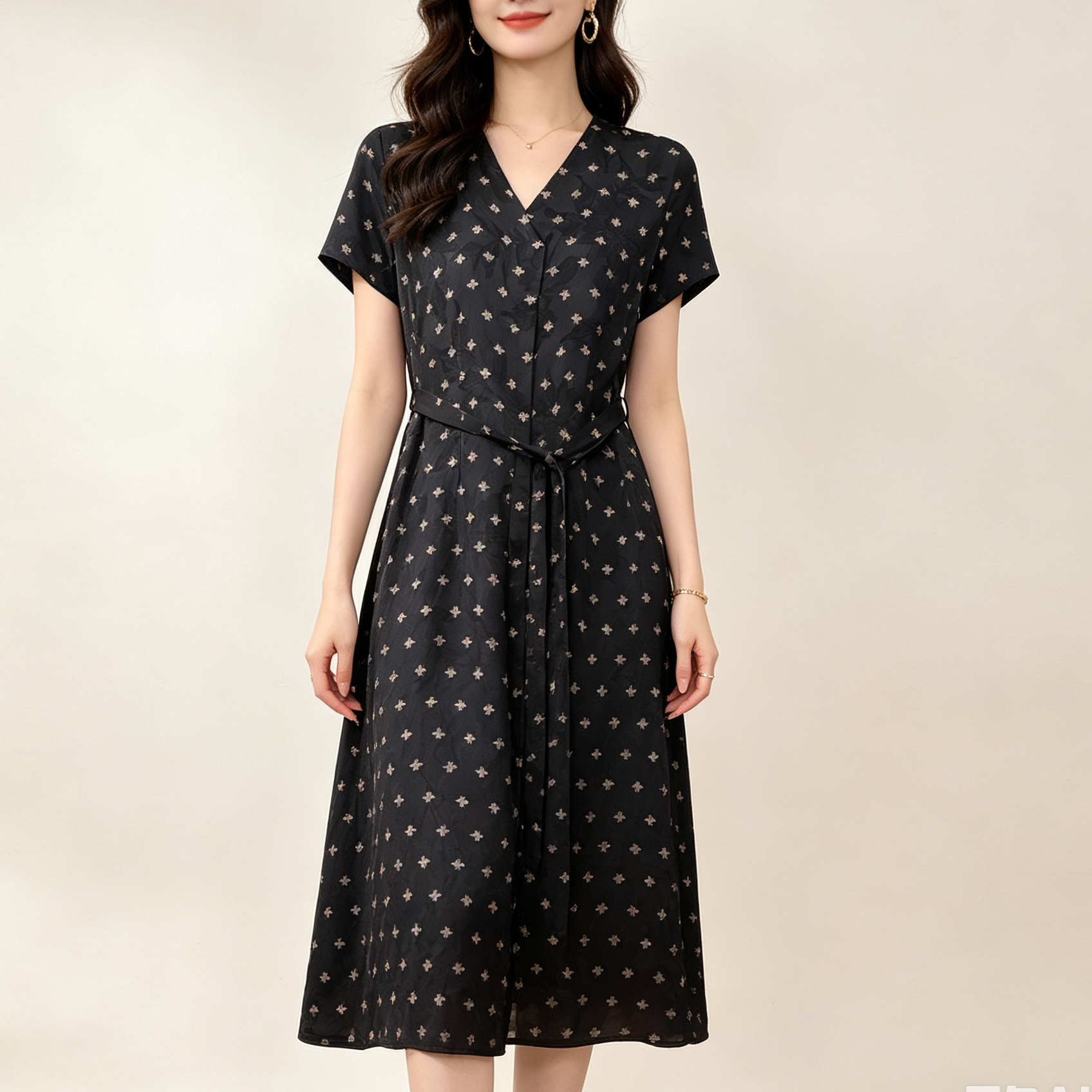 颂锦香【现货】【香】【小蜜蜂】Q3751国风V领连衣裙系腰带显瘦长款裙子