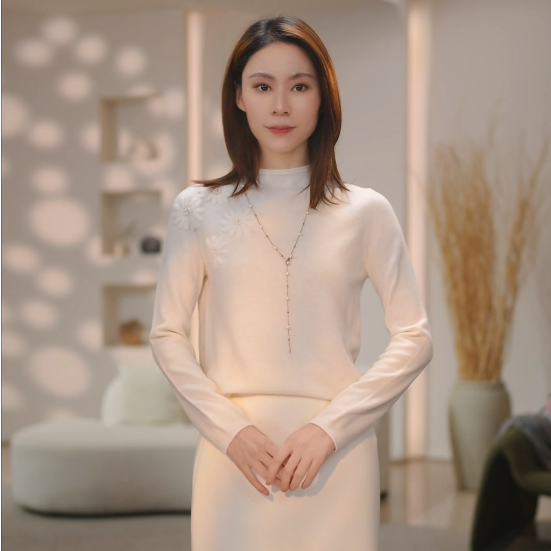 立体刺绣花朵羊绒羊毛半高领针织气质套头上衣女