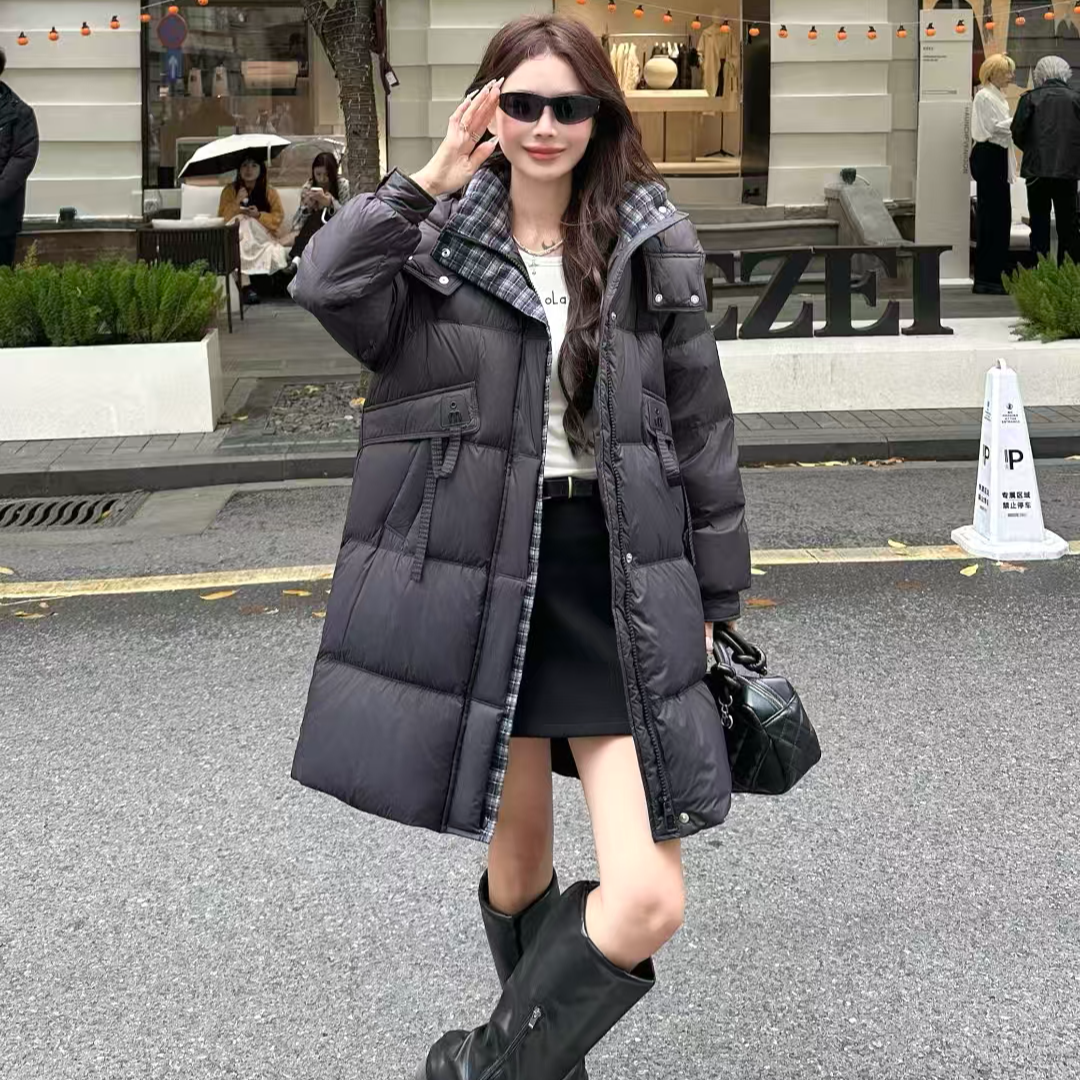 连帽中长款常规新中式胖mm羽绒服毛领女士加厚过膝