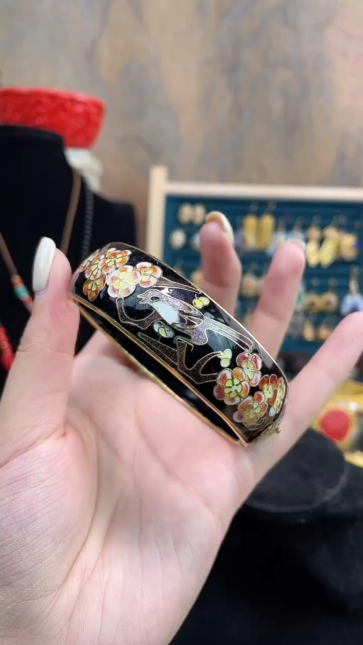 非遗手工景泰蓝开口银蓝镯子黑