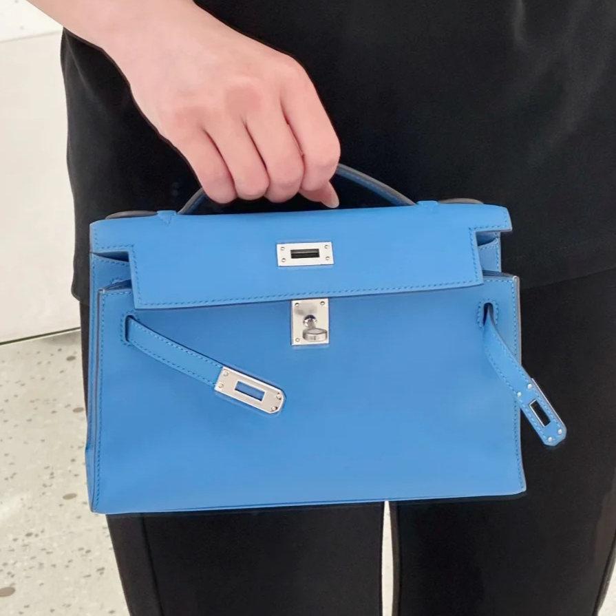 95新 Hermes/爱马仕 小花攀攀MINI KELLY 一代天堂蓝 Swift皮 框R