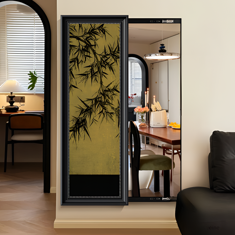 墨竹中古风推拉全身镜玄关装饰画隐藏式可关闭穿衣镜卧室客厅走廊