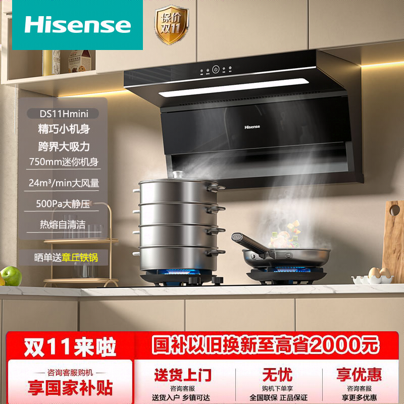 海信油烟机顶侧双吸24风量500Pa静压75cm超窄热熔洗DS11Hmini