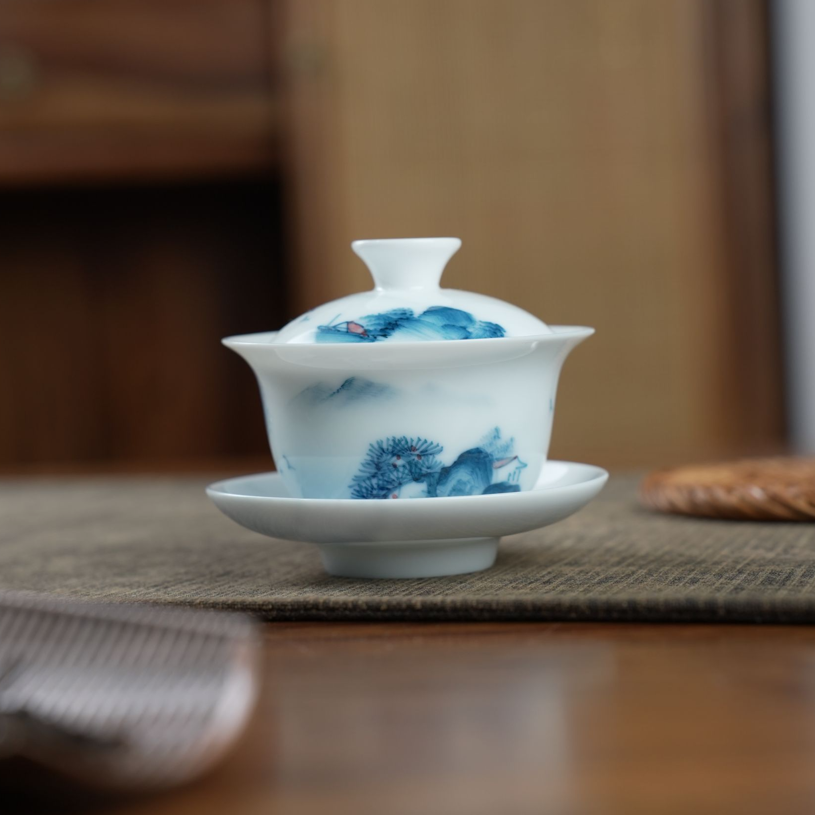 手工手绘千里江山80ml三才羊脂玉小盖碗