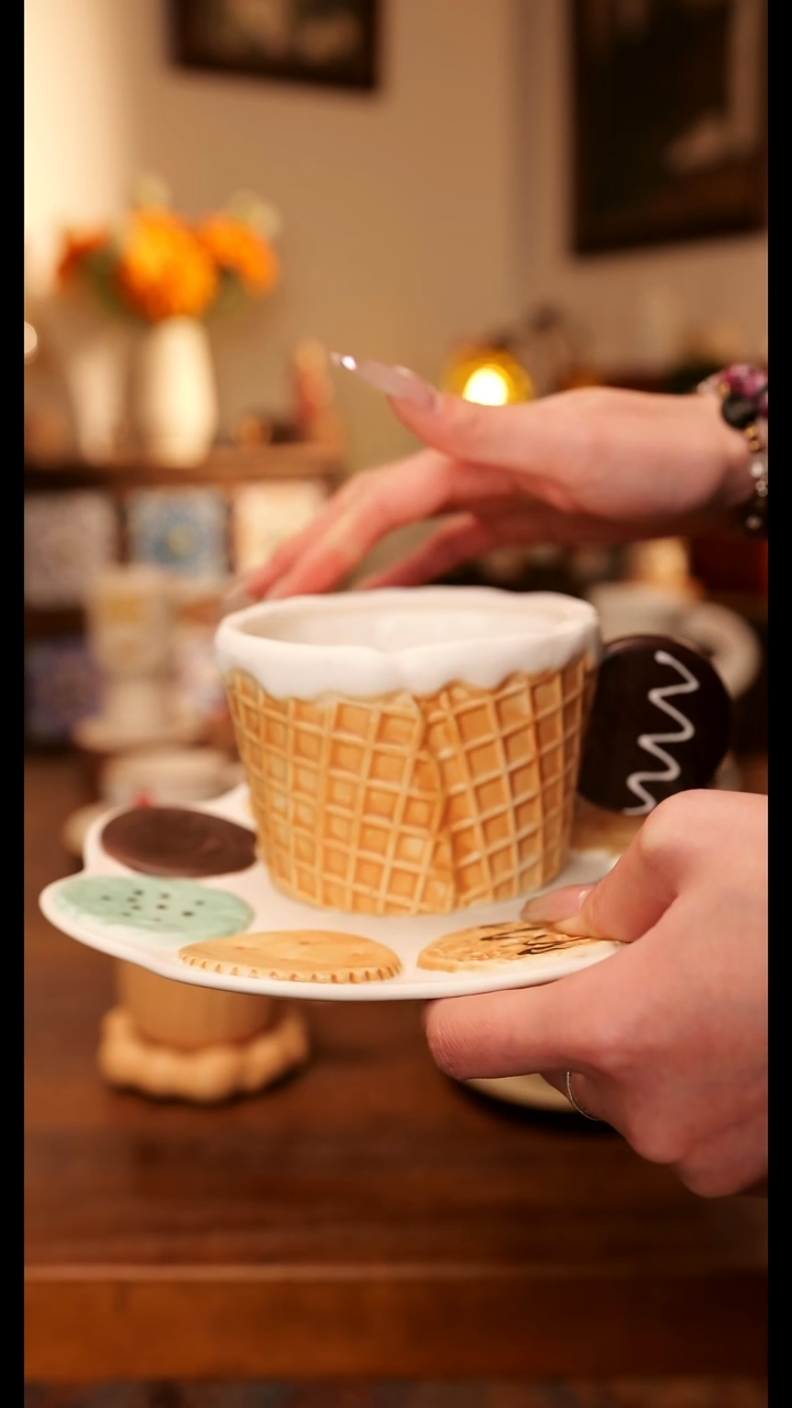 陶瓷便携款华夫饼杯碟手作  手绘釉下彩