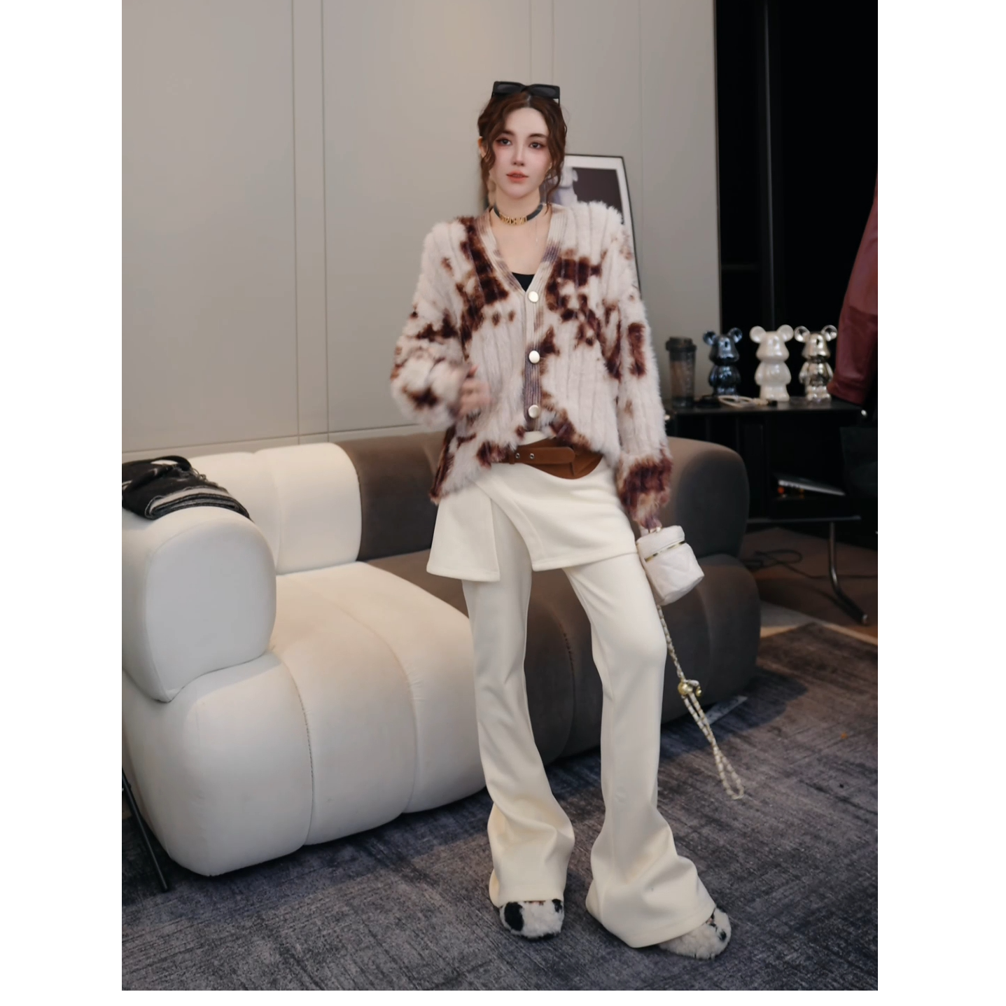 EH慵懒风保暖圆领V领针织毛针织衫秋冬提花轻奢W4345