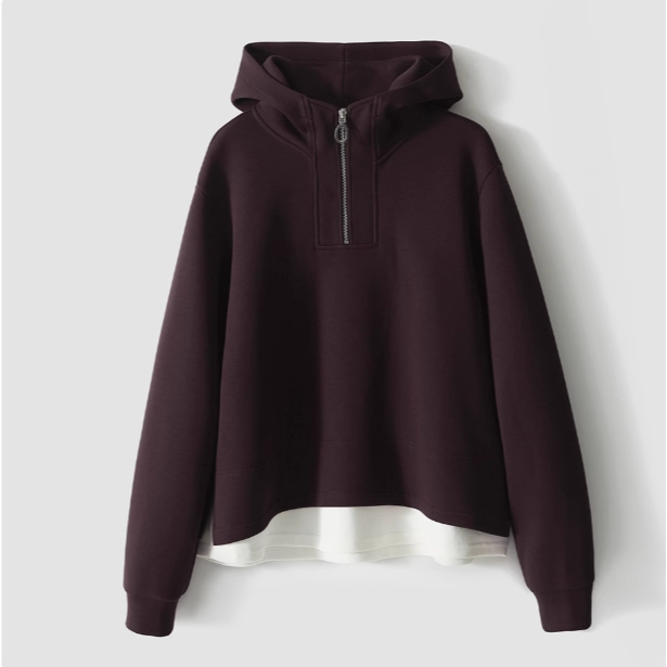 【九月木兮】 空气层休闲简约拉链套头假两件连帽卫衣女S62792WYBAG