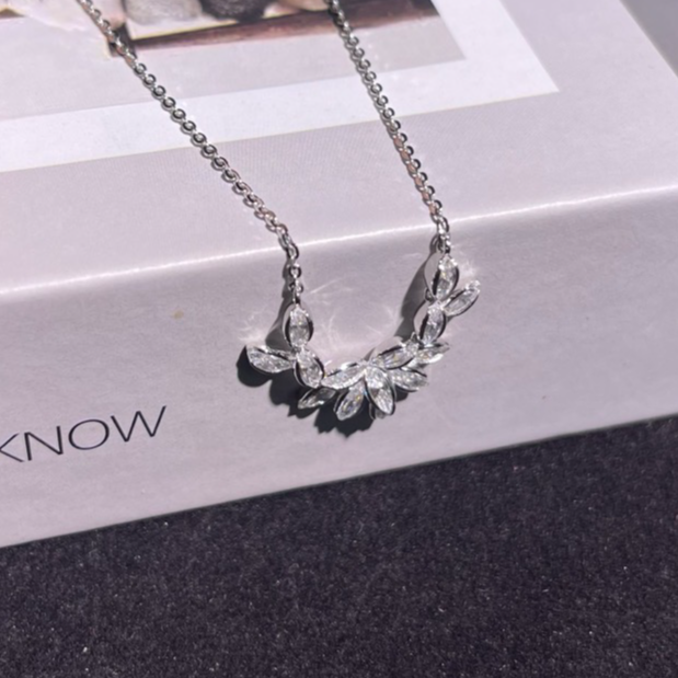 坠链均925银合成锆石 花瓣项链S925银简约时尚百搭小众甜美精致
