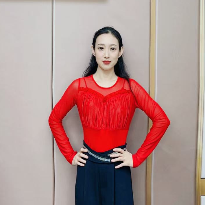 欢舞阁吉特巴摩登双人舞广场舞圆领木耳边百搭女长袖上衣A0767