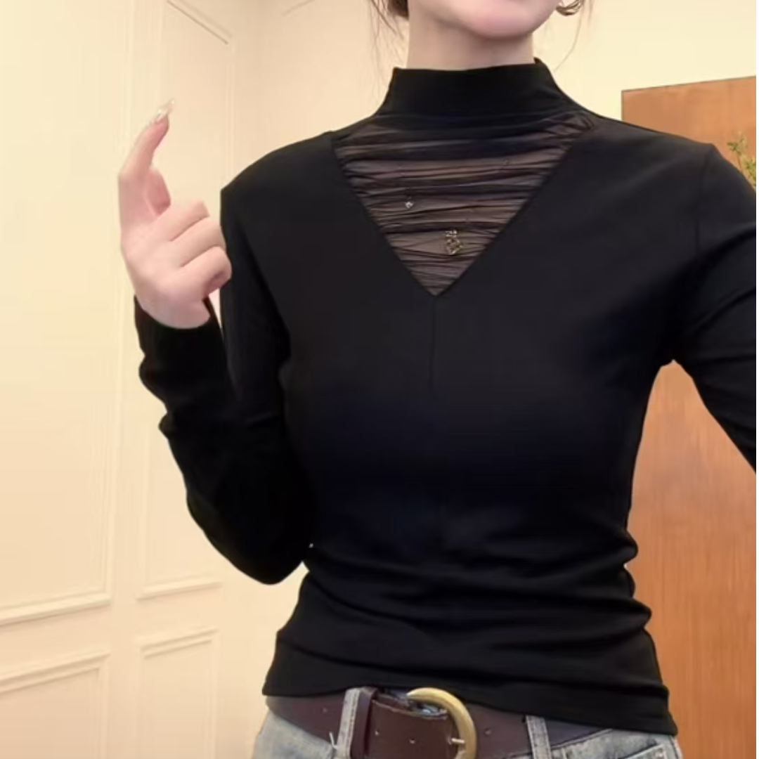 【现货 速发】网纱拼接秋冬款半高领长袖打底衫女加绒修身显瘦上衣